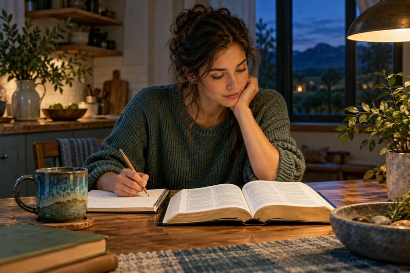 Uma pessoa estudando a Bíblia com um caderno